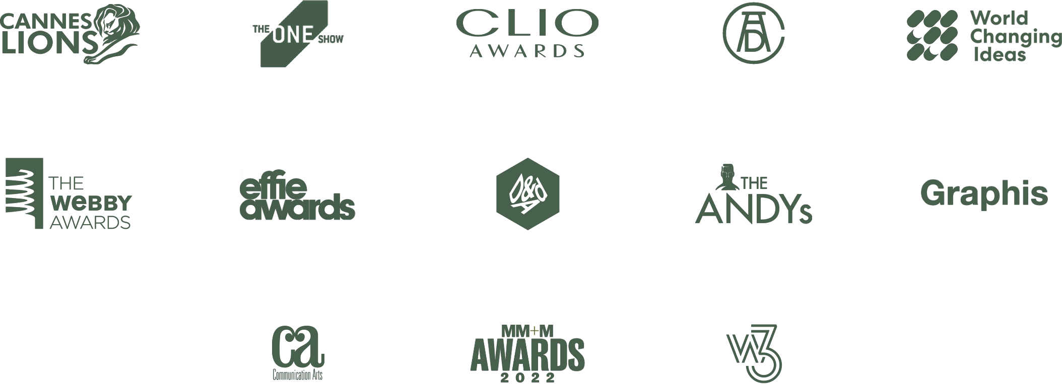 Award logos including Cannes Lions, CLIO Awards, The Webby Awards, MM+M Awards and others.
