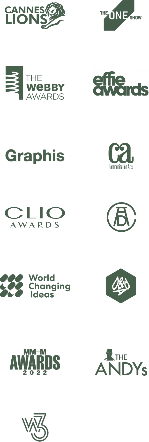 Award logos including Cannes Lions, CLIO Awards, The Webby Awards, MM+M Awards and others.